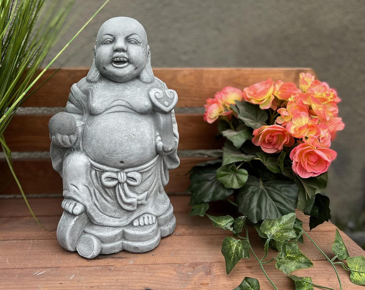 STEINFIGUR Dicker Shaolin Buddha Mönch stehend frostfest Steinguss - Grau, Stein (21/30/15cm) - stoneandstyle