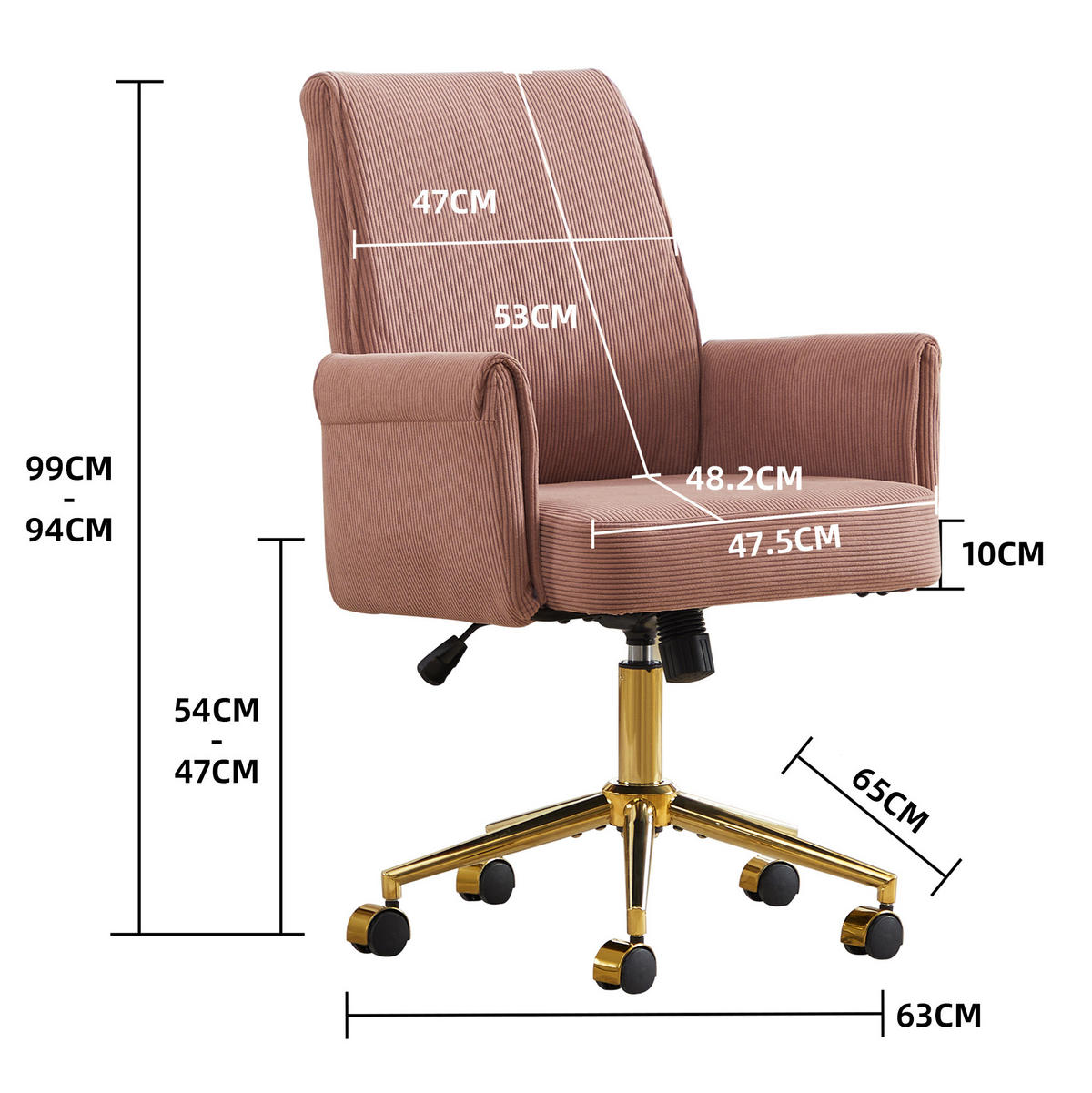 DREHSTUHL 64/61/107 cm Pink aus Cord mit ergonomischer Rückenlehne und goldfarbenem Gestell - Pink, Textil (61/107/64cm) - OKWISH