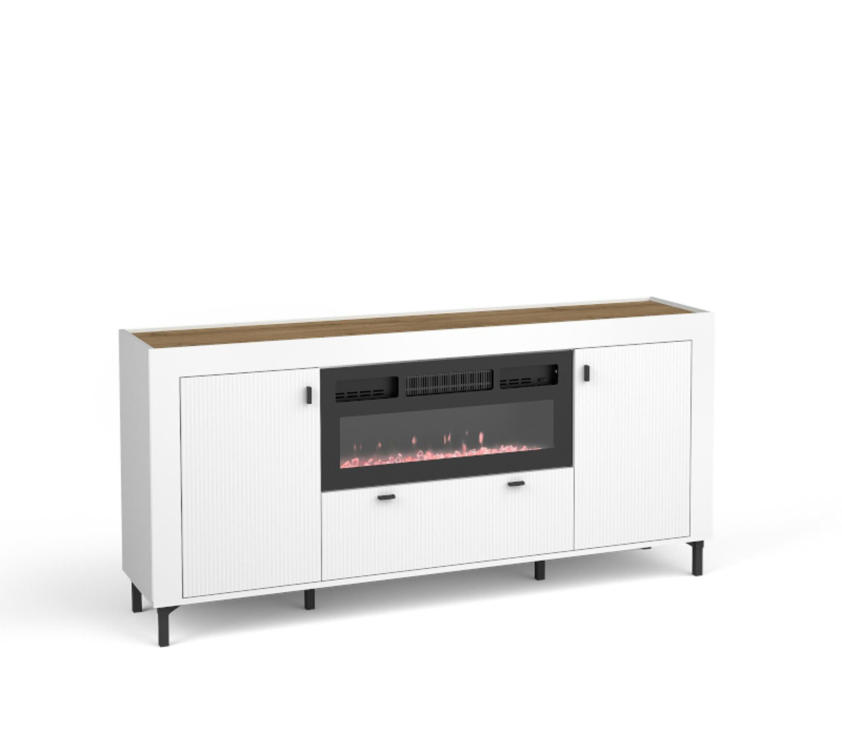 KOMMODE mit Kamin Mossa Weiß, Zweitürige Kommode mit Schubladen und LED - Schwarz/Weiß, Holzwerkstoff (177/84/40cm) - Bettso