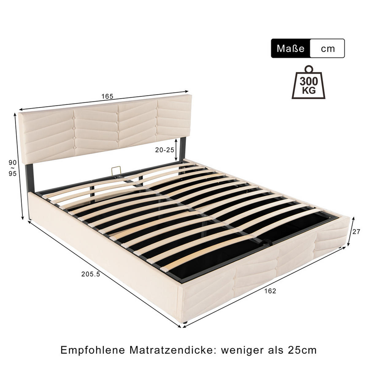 POLSTERBETT Streifen Stil Samt 60x200 cm Höhenverstellbares Kopfteil - Beige, Textil - Raelunyi