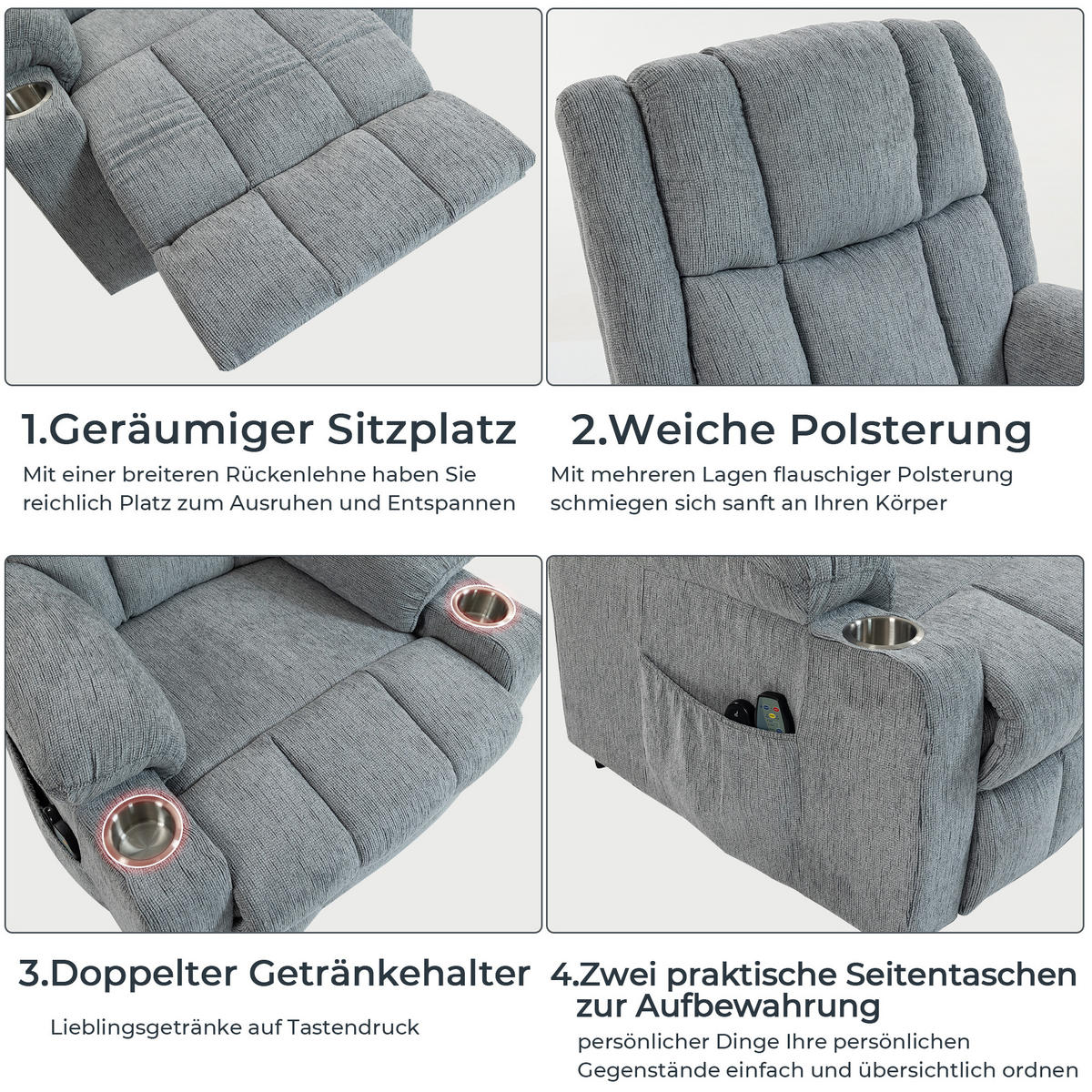 RELAXAČNÍ křeslo světle šedé ze sametu s elektrickým polohováním, výklopnou pomocí a masáží - světle šedá, textil (84/106/91cm) - OKWISH