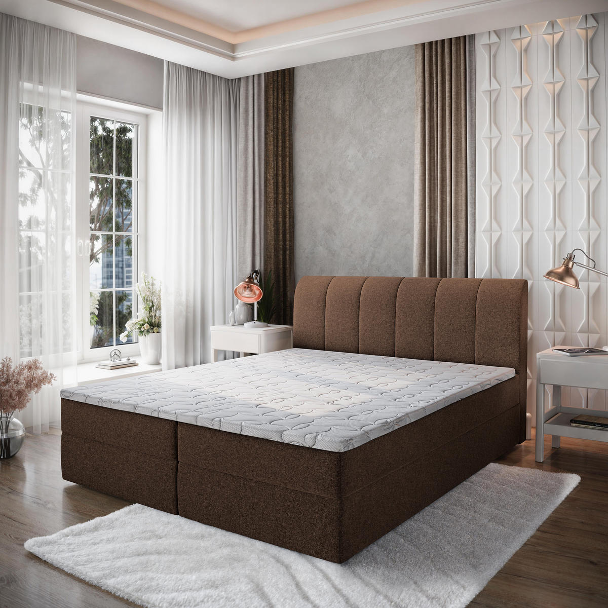 BOXBETT CEVANO 160x200 cm mit Matratze und Topper - Braun - Braun, Holz (160/200cm) - MASSENO