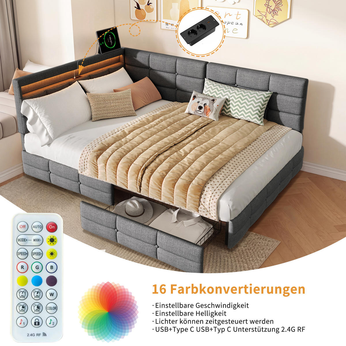 POLSTERBETT 140/200 cm grau Leinen L-Form LED USB Schubladen - Grau, Holz