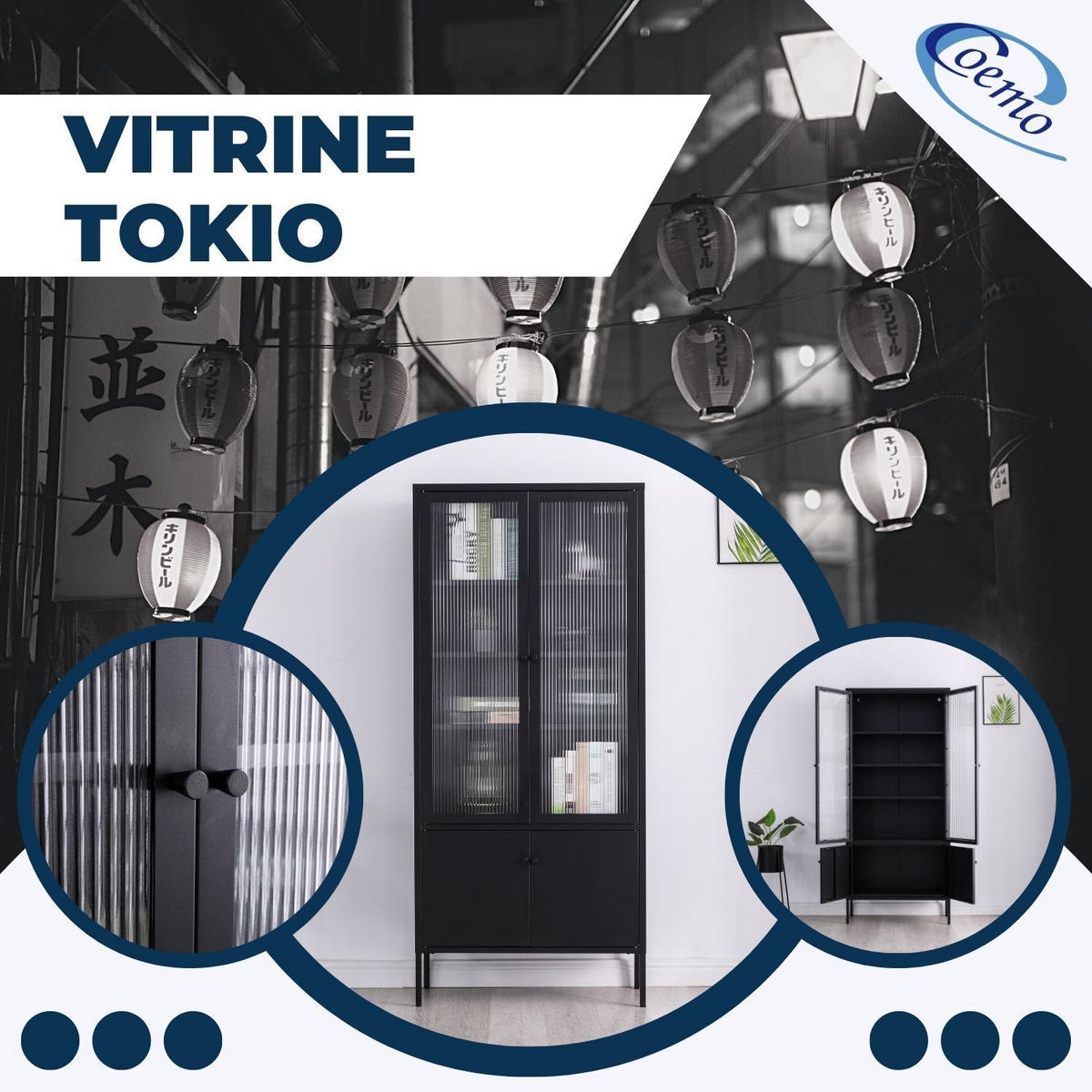 VITRINE TOKIO aus Metall mit Glastüren 80/35/180 cm in Schwarz - Schwarz, Metall (35/180/80cm) - Coemo