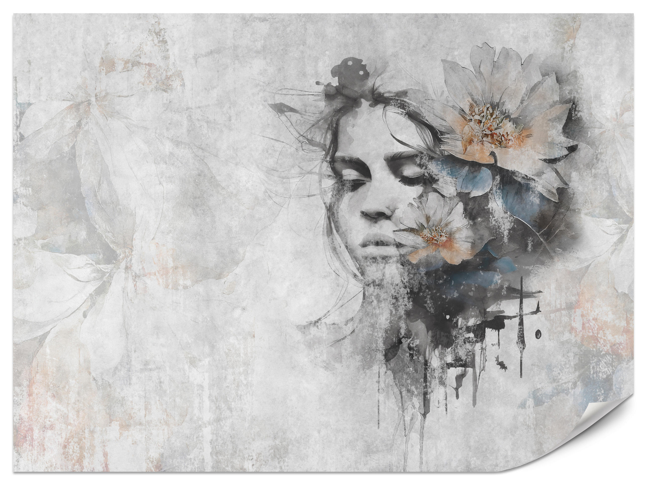 FOTOTAPETE für Wohnzimmer Gesicht Frau Grau Betonwand Blumen 250x175 - Grau, Papier (250/175cm) - Muralo