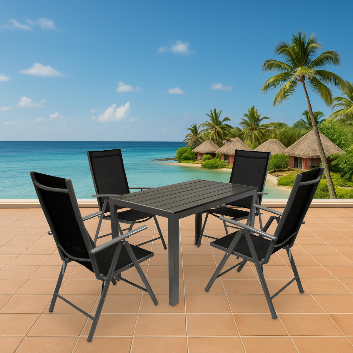 GARTEN-GARNITUR Ashford - 5-tlg. (4x Klappsessel mit Armlehnen, 1x Tisch 125x70cm), Gestelle aus Aluminium grau - Schwarz, Metall - TPFGarden