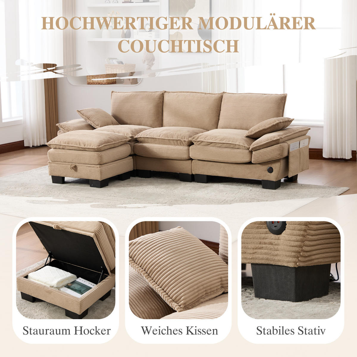 3-SITZER SOFA Cord Khaki mit Hocker, USB-C und Seitentaschen - Hellbraun, Holzwerkstoff/Kunststoff (260/132cm) - WISHDOR