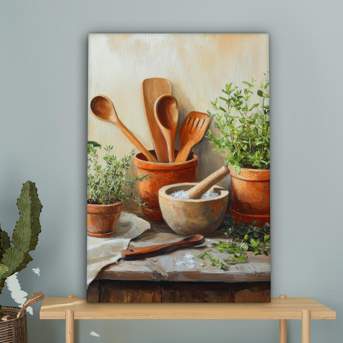 LEINWANDBILD Töpfe - Kräuter - Holz Wanddeko 40x60 cm - Terracotta, Textil (40/60cm) - MuchoWow