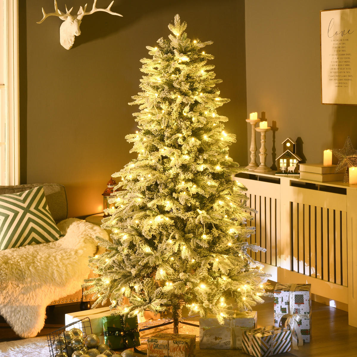 KÜNSTLICHER Weihnachtsbaum mit Leuchte, 180 cm Kunsttanne mit Kunstschnee - Weiß, Kunststoff (180cm) - HOMCOM