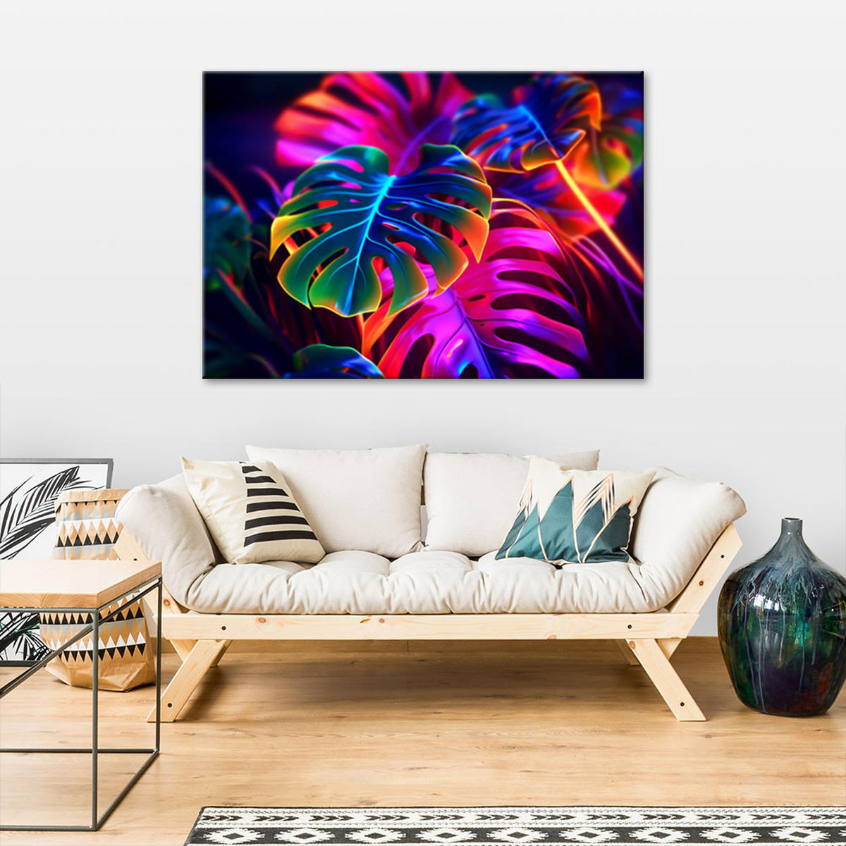 LEINWANDBILD Monstera fluoreszierende Blätter - Multicolor, Textil (100/70cm) - Feeby