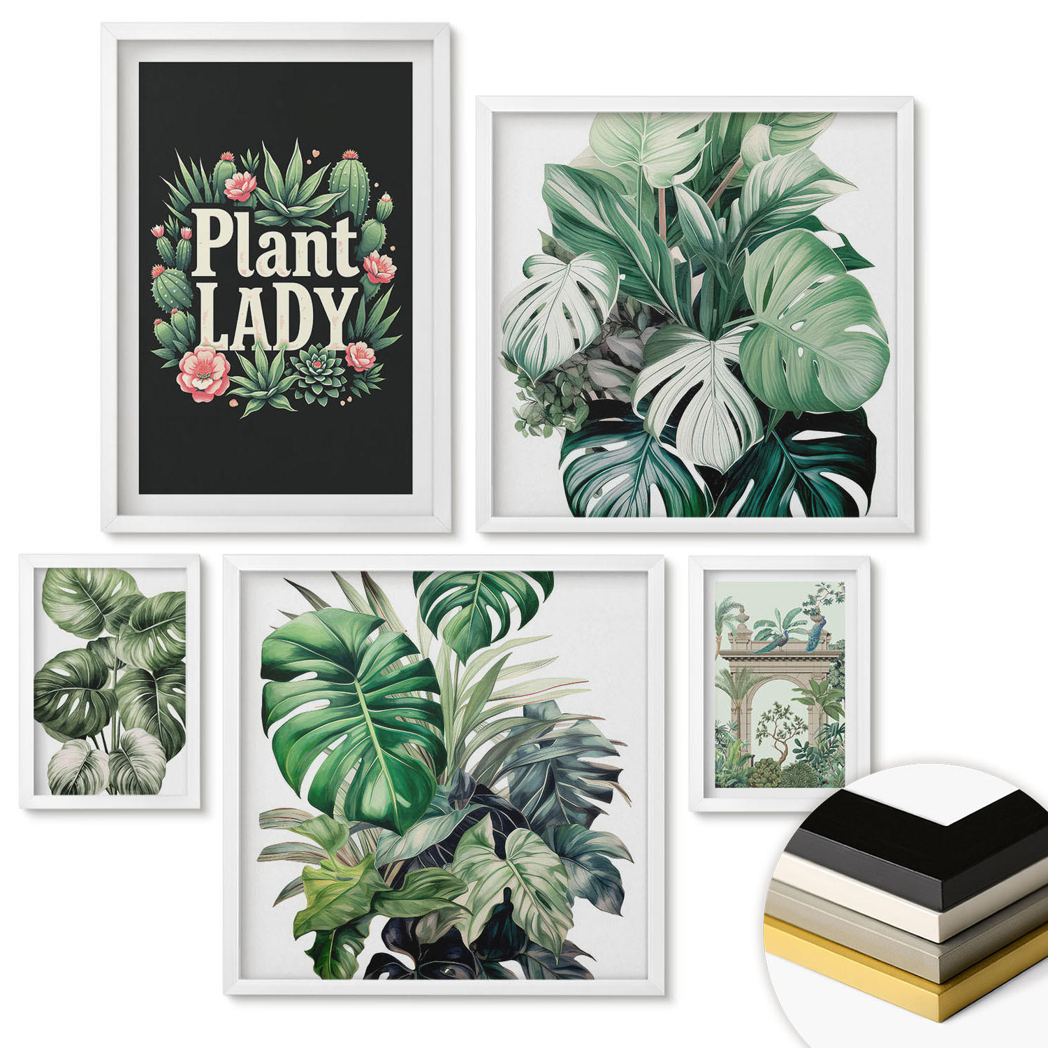 WANDBILDER 5er-Set - 50x50 cm & 20x30 cm & 40x60 cm Weißer Rahmen - Japanische Natur und Japandi-Stil - Weiß, Kunststoff (40/60cm) - ArtPrintCave
