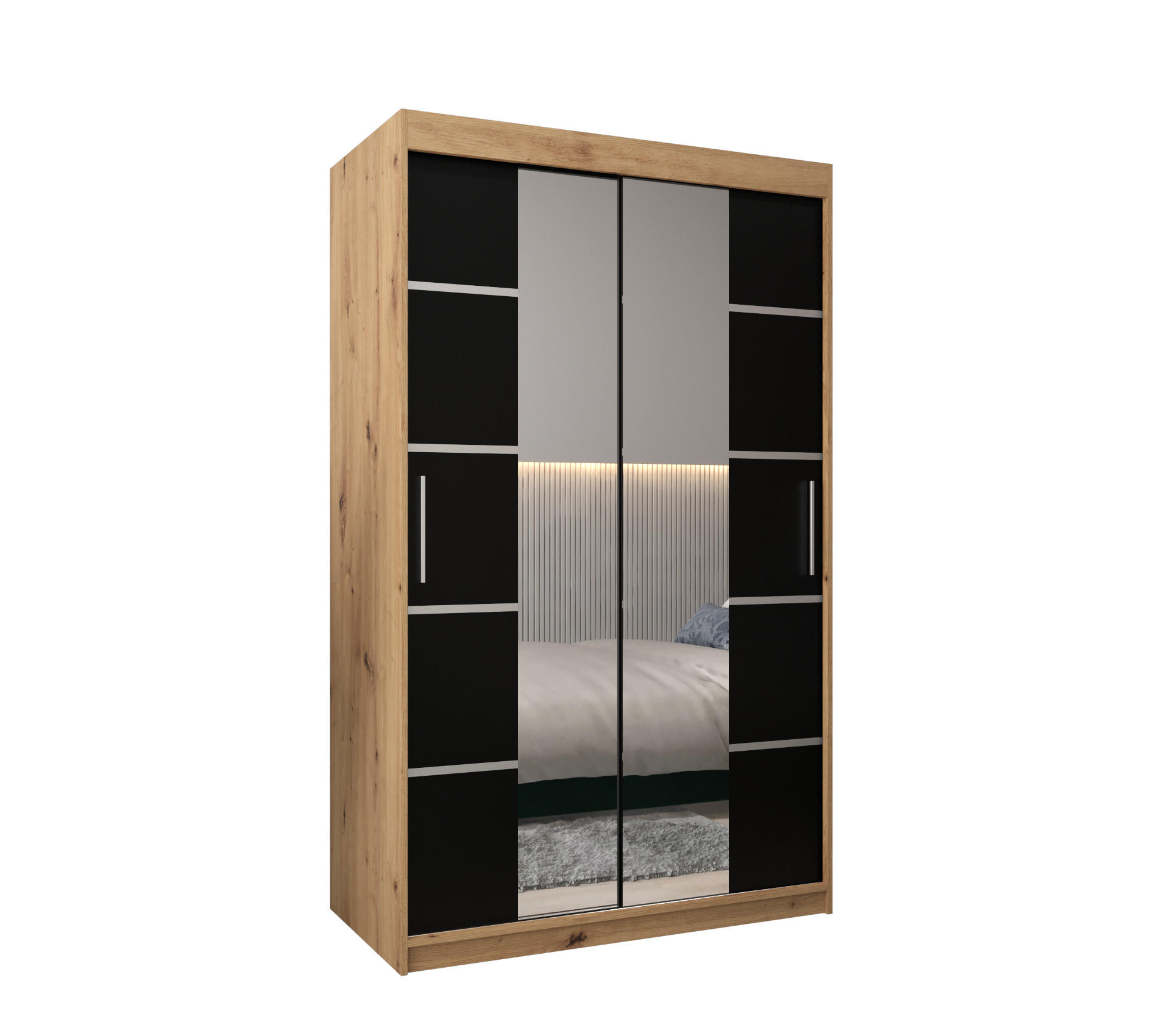 Abiks Möbel Schwebetürenschrank Eiche Artisan, Schwarz, Silber 120x200x62 cm