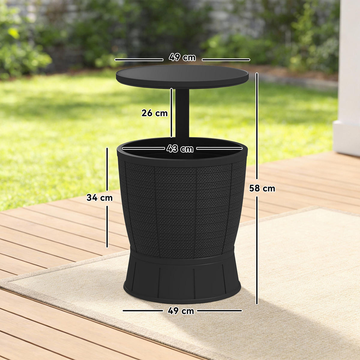 GARTENTISCH DE-14192 3-in-1 mit Eisbehälter, höhenverstellbar Schwarz - Schwarz, Kunststoff (49/49/84cm) - ComfortXL