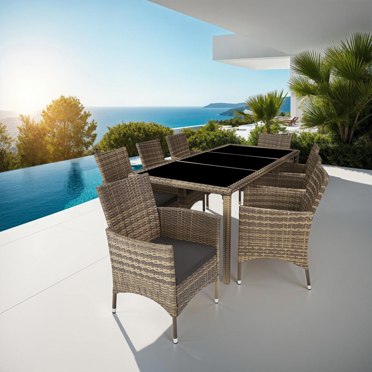 RATTAN SITZGRUPPE Almansa,inklusive Schutzhülle,natur/dunkelgrau - Naturfarben, Kunststoff - tectake