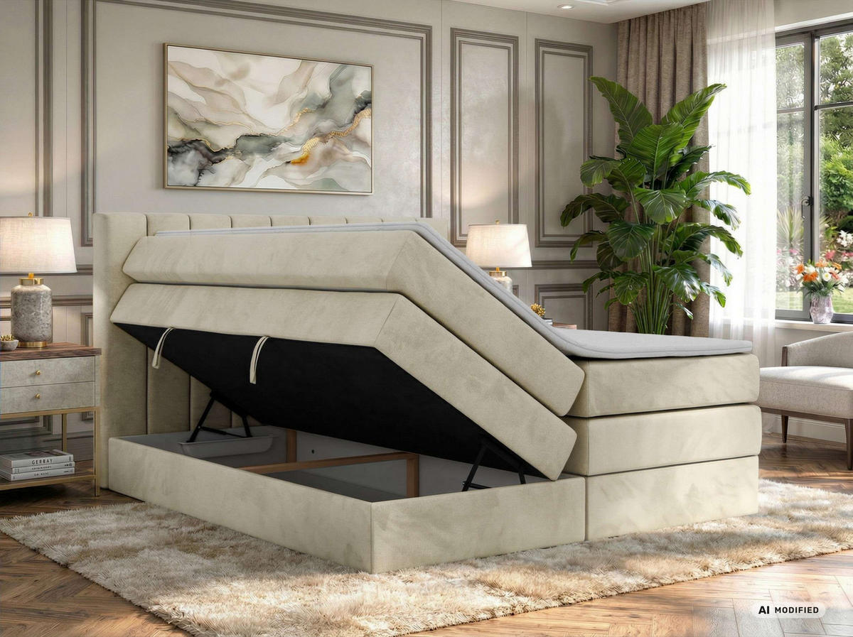 BOXSPRINGBETT ALVER KING 200/200 - Beige Velvet - Topper T25 - H3 - Beige, Textil (200/200cm) - MKS