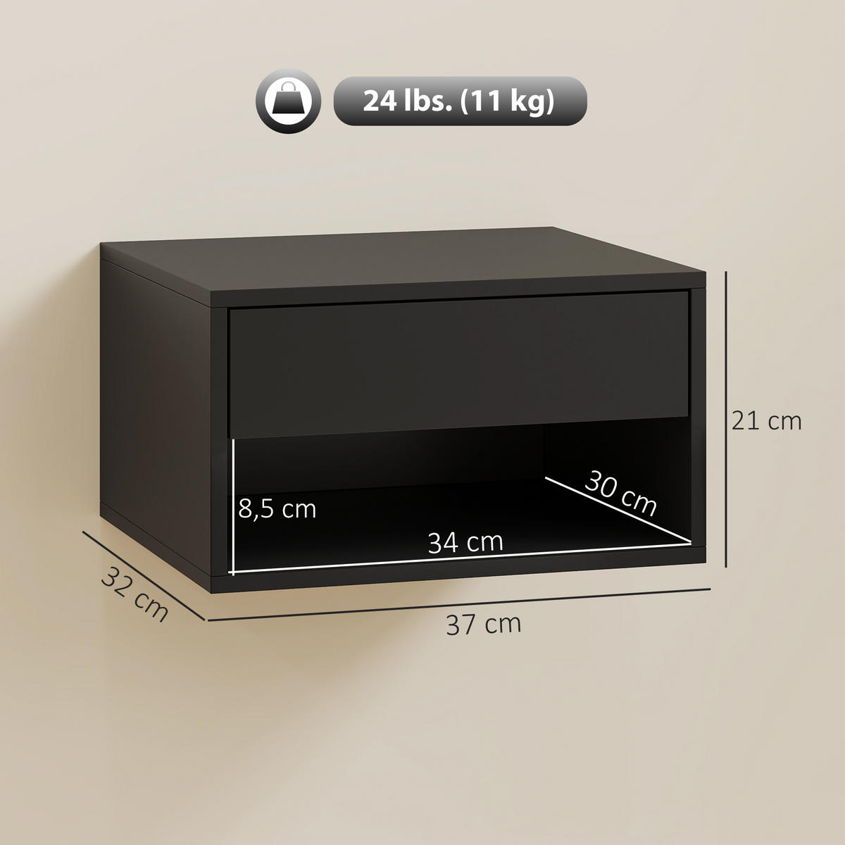 NACHTSCHRANK 2er-Set DE-12929 Schublade und offenes Fach Schwarz - Schwarz, Holzwerkstoff (32/21/37cm) - ComfortXL