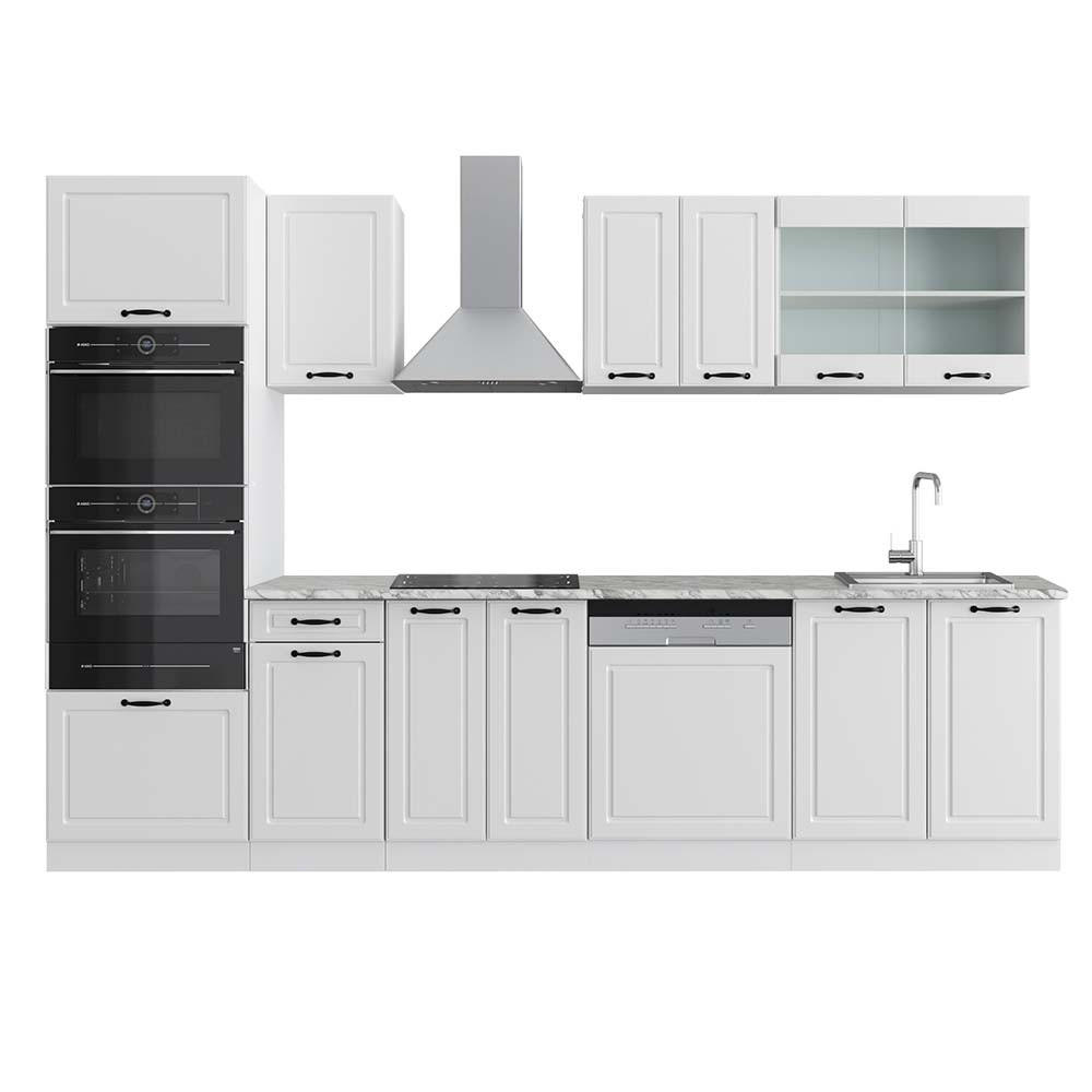 KÜCHENZEILE R-Line Weiß Landhaus/Weiß 300 cm mit Hochschrank AP Marmor - Weiß, Holzwerkstoff (300/81.6/60cm) - Vicco