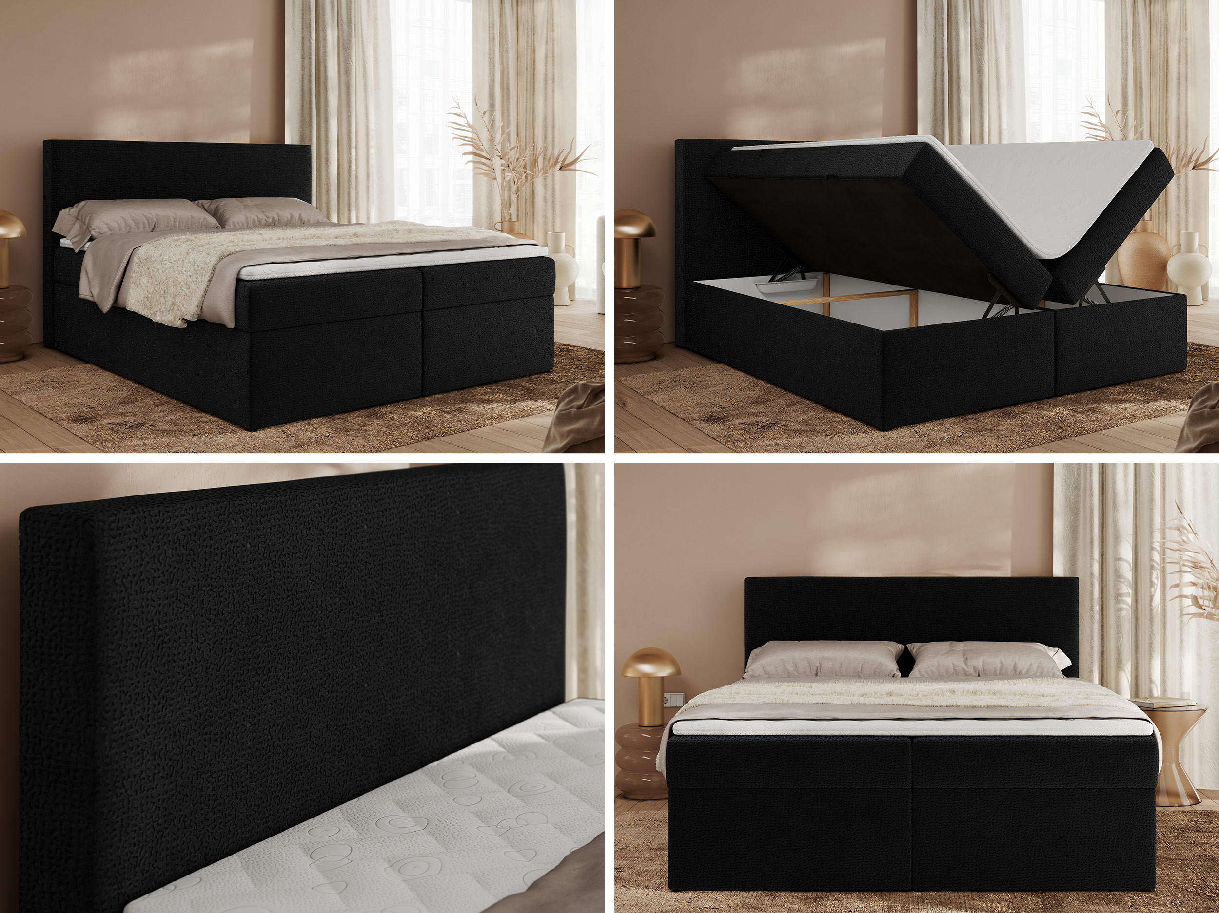 Thumbnail - MKS Boxbett, Schwarz, Textil, 2-Sitzer, H4, 7-Zonen, Rechteckig, 140x200 cm, Oeko-Tex®, Schlafzimmer, Betten, Boxspringb...