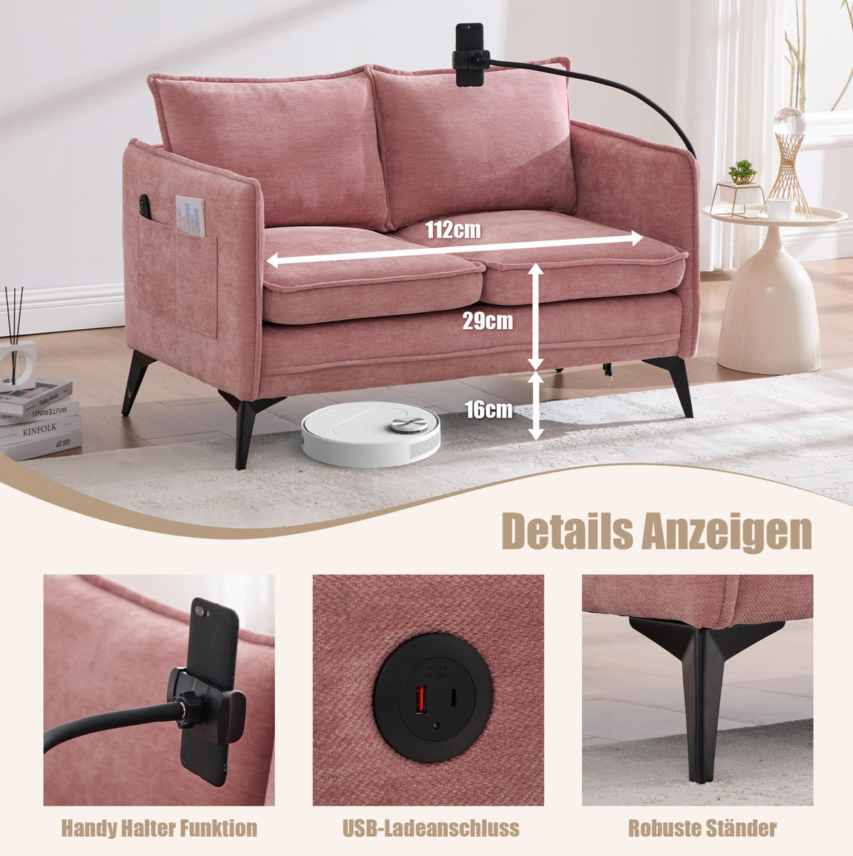2-SITZER Sofa Chenille mit Handyhalter und Seitentaschen 127/69/66 cm Rosa - Rosa, Textil (66/127/69cm) - Redom