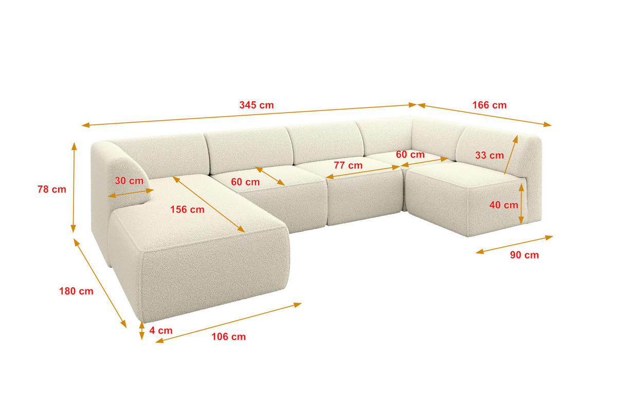 WOHNLANDSCHAFT Ottomane Links MOVO-L 345x180x78 cm Beige Bouclé - Hellbraun, Holzwerkstoff/Kunststoff (345/78/180cm) - ALTDECOR