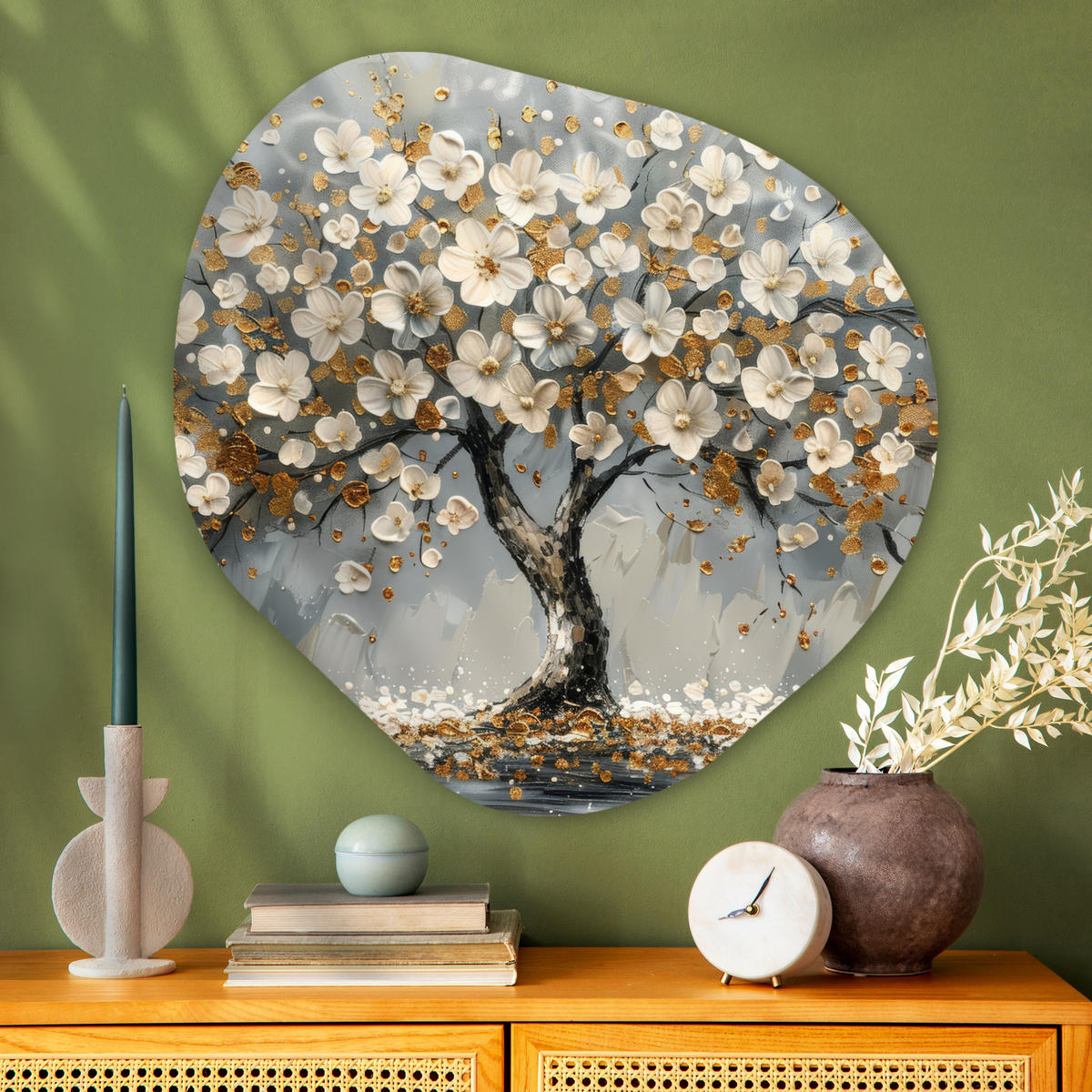 WANDBILD Baum - Gold - Blumen - Abstrakt - Kunst 90x90 cm - Goldfarben, Kunststoff (90/90cm) - MuchoWow