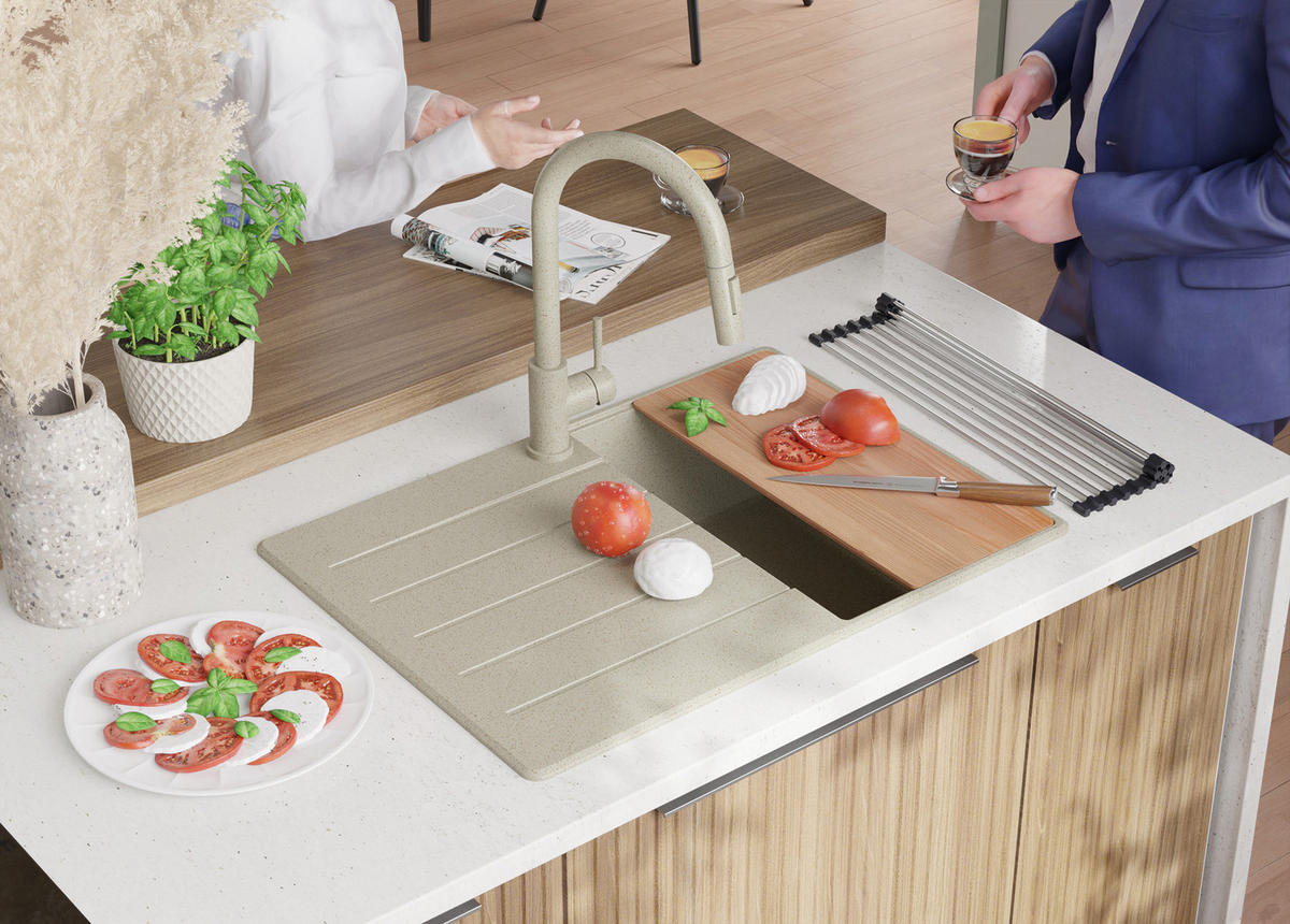 SPÜLBECKEN Kopenhagen, 2-er set Beige 70/50 cm 1 Becken + Ablauf-Set + Schneidebrett ab 40er Unterschrank - Beige, Kunststoff (70/20/50cm) - Primagran