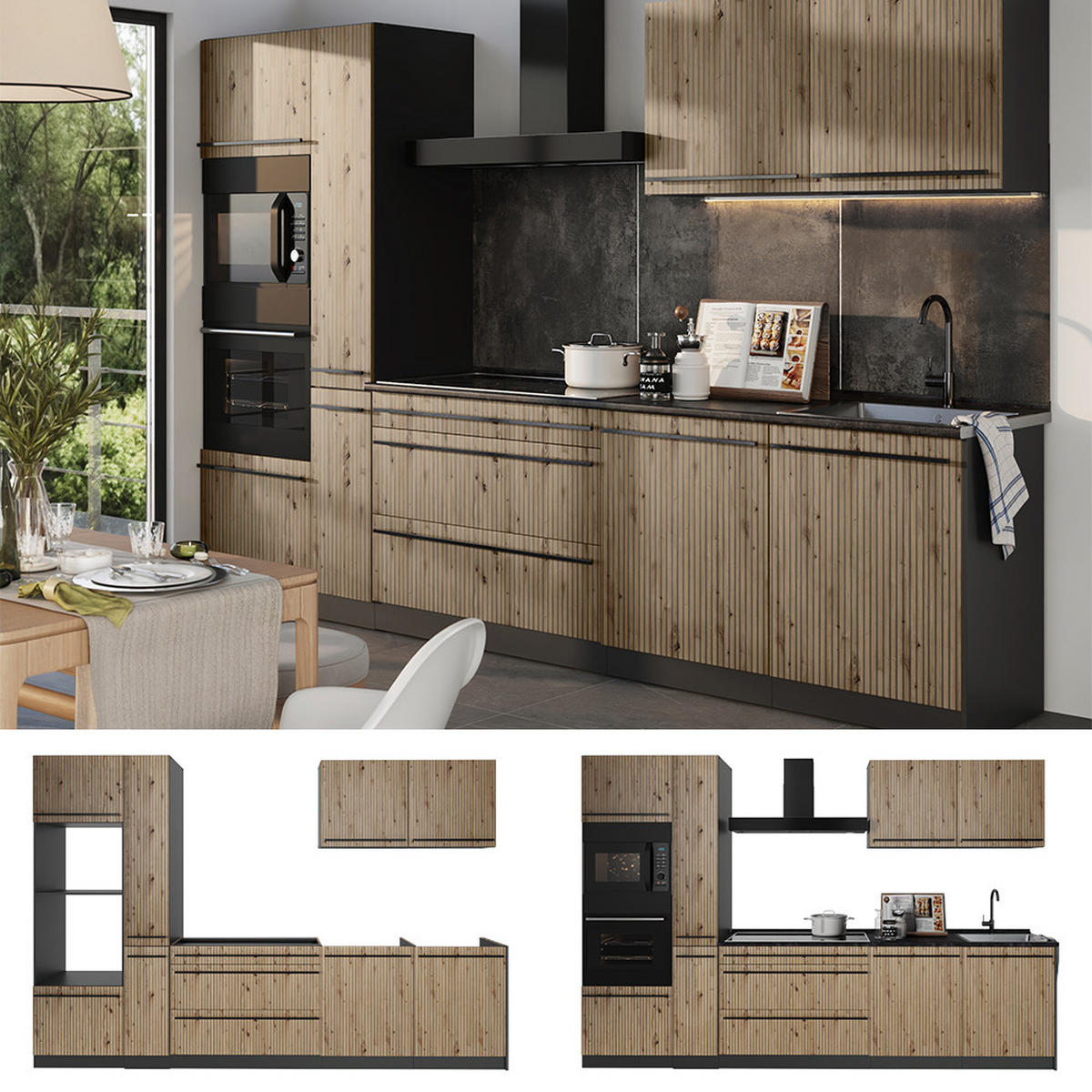 KÜCHENZEILE R-Line, Artisan-Eiche/Anthrazit, 310 cm ohne Arbeitsplatte - Anthrazit/Eiche Artisan, Holzwerkstoff (310/206.8/46cm) - Vicco