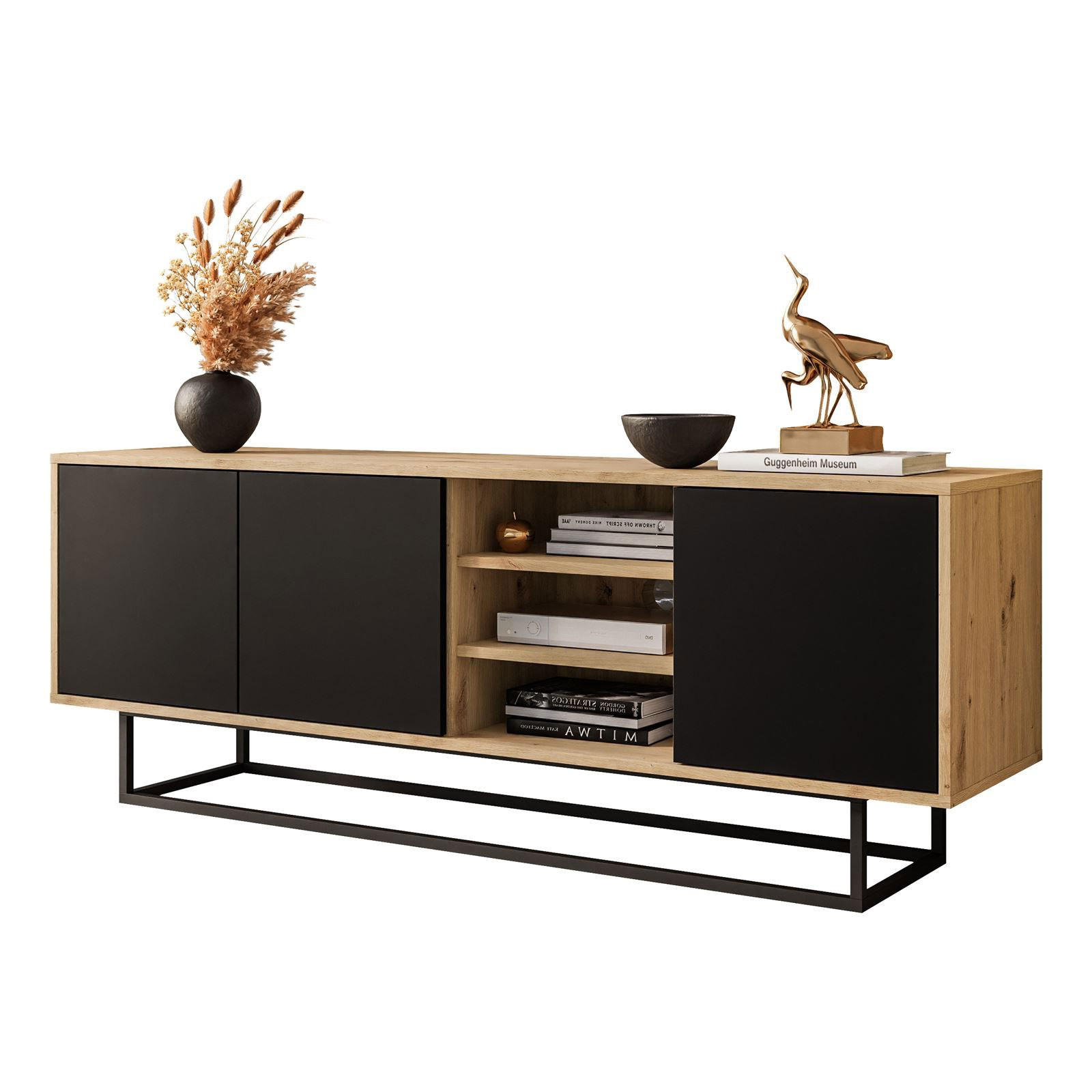 TV-ELEMENT SANAYI II mit Regalen Eiche Artisan/Schwarz - Schwarz, Holzwerkstoff (156/56/38cm) - Lookway