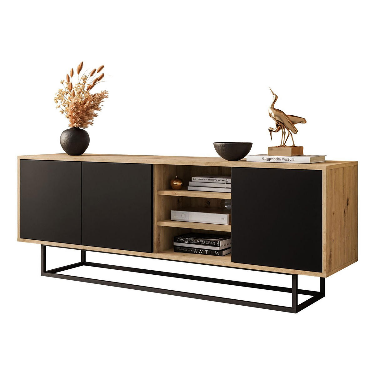 TV-ELEMENT SANAYI II mit Regalen Eiche Artisan/Schwarz - Schwarz, Holzwerkstoff (156/56/38cm) - Lookway