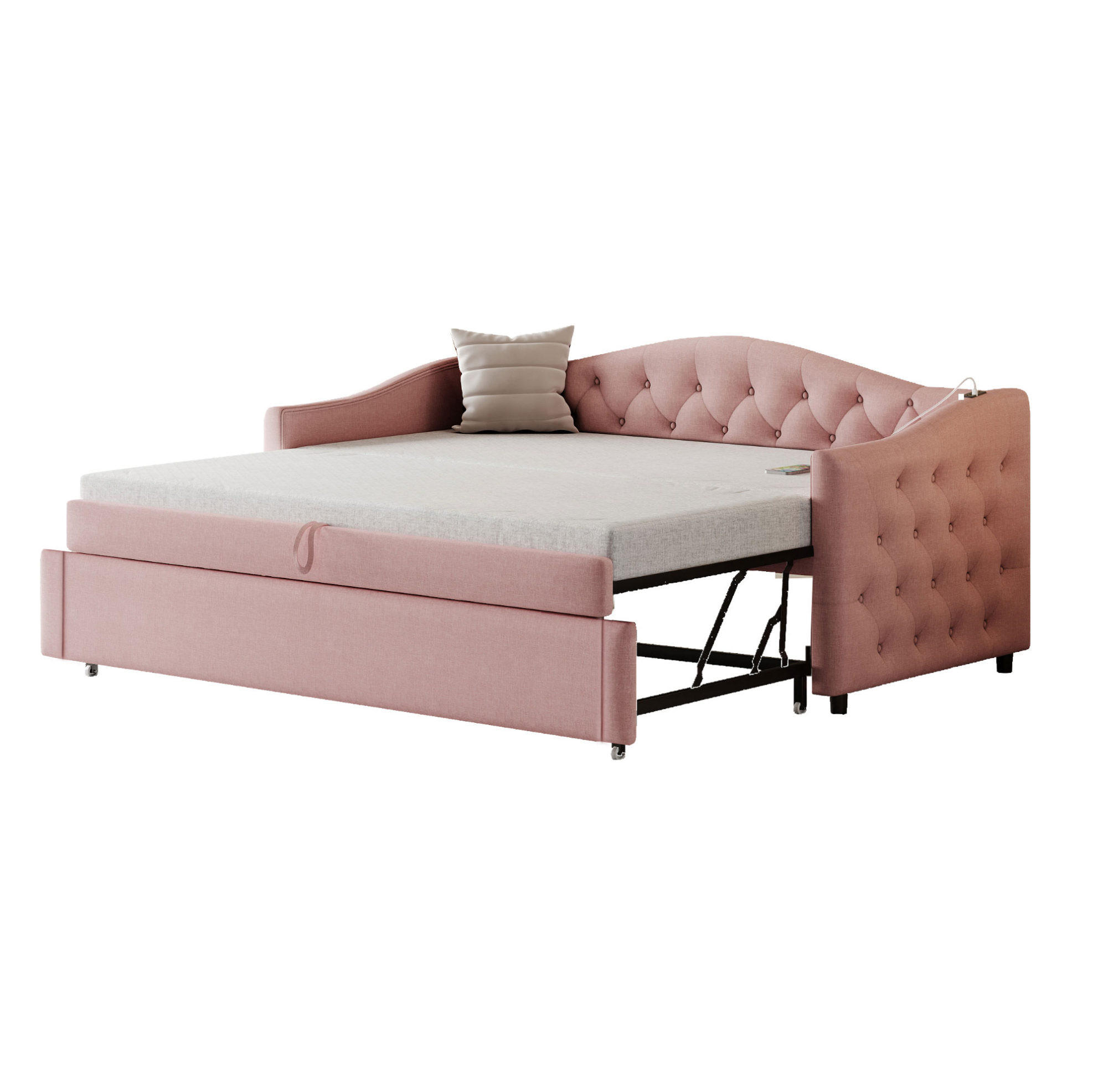 POLSTERBETT 90/200 cm aus Leinen mit USB-Anschluss und Ausziehfunktion, Rosa - Pink, Textil (90/200cm) - Redom