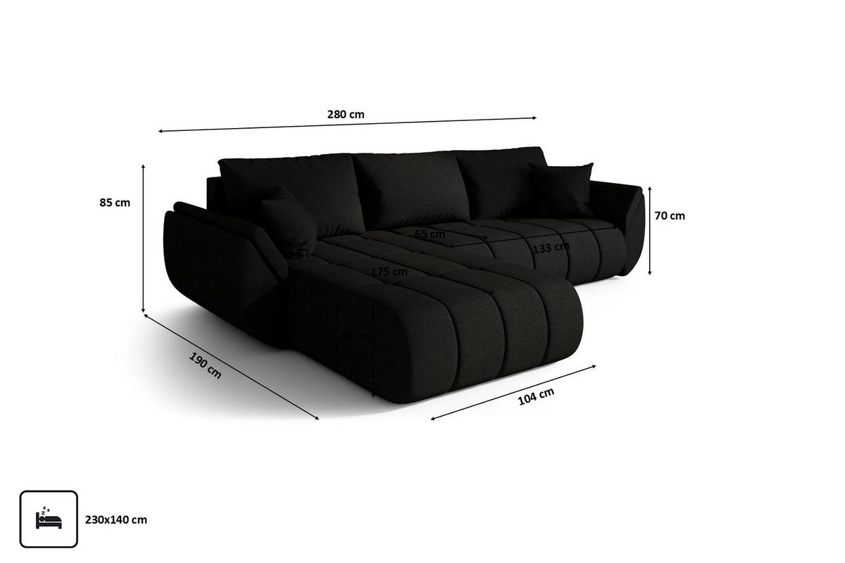 ECKSOFA TOKYO PREMIUM mit Schlaffunktion, Stoff WIND, Schwarz, Links - Schwarz, Holz (280/190cm) - Kaiser Möbel