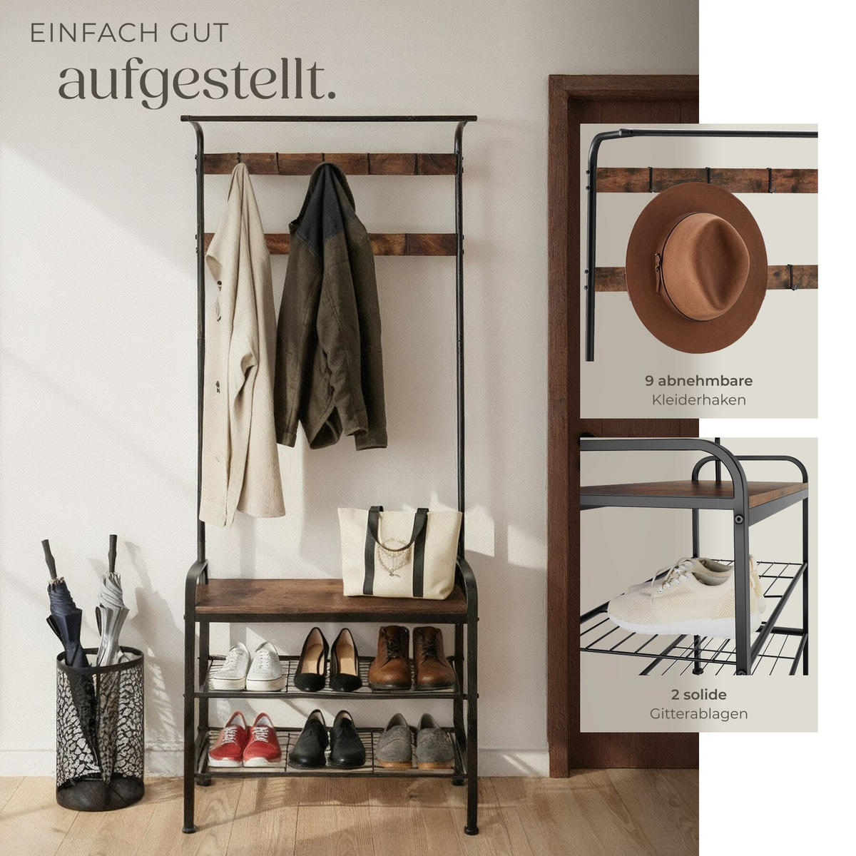 GARDEROBENSTÄNDER Wichita, inklusive Kippschutz, 73,5 x 36 x 184 cm, Industrial Holz dunkel, rustikal - Rostfarben, Textil (36/184/73.5cm) - tectake