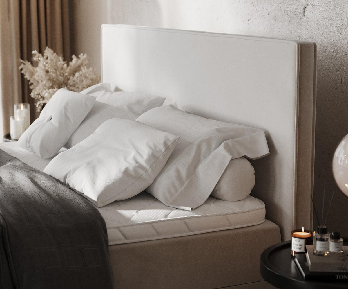 BOXBETT Velma 180/200 cm Hellbeige im Paros Stoff - Beige/Schwarz, Holz/Holzwerkstoff (180/200cm) - AltaBeds