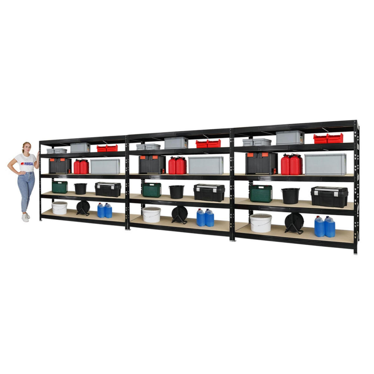 SCHWERLASTREGAL Rhino 3er-Set mit 3x 180x200x60 cm 5 Spanplatten-Ebenen 8mm Fachlast 500 kg Schwarz - Schwarz, Metall (600/180/60cm) - PROREGAL
