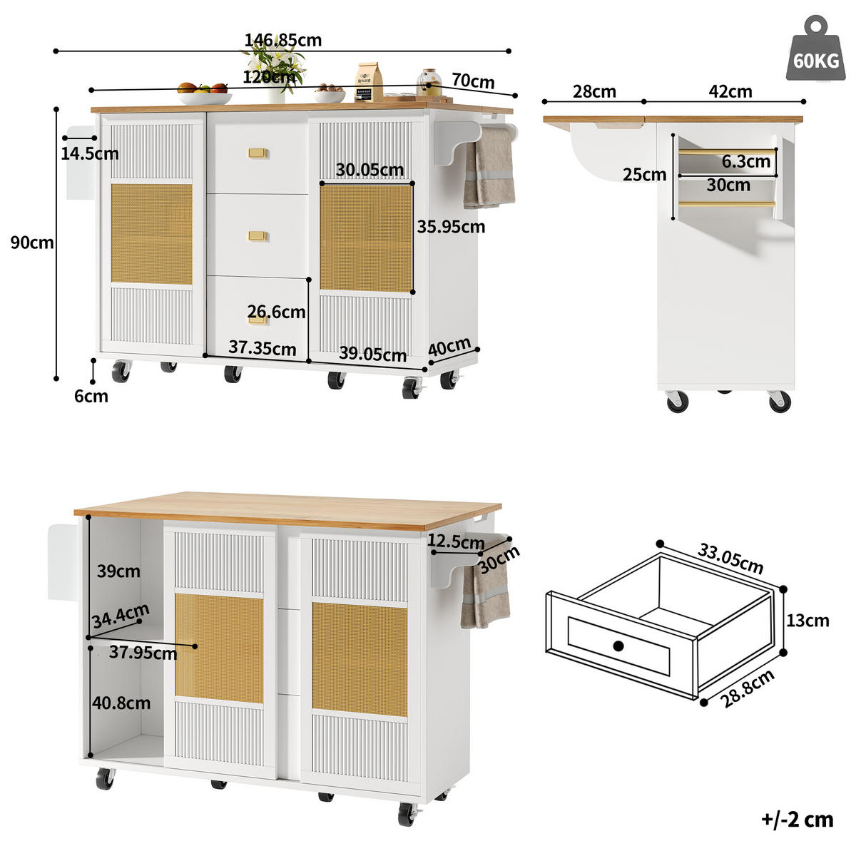 KÜCHENINSEL 146.85x70x90cm Weiß mit Schubladen, Schiebetüren & 6 Rollen - Weiß, Holzwerkstoff (146.85/90/70cm) - Modfu