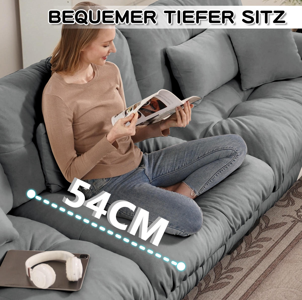 SOFA modular mit Tiefensitz Chenille Grey - Hellgrau, Kunststoff (77/81/406cm) - Meubliv