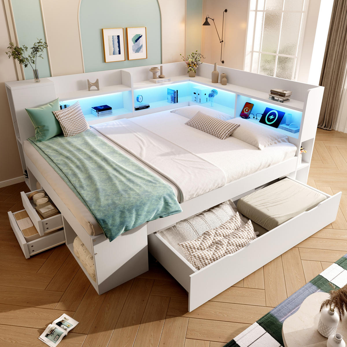 JUGENDBETT 140/200 mit LED, USB/Type-C, Stauraum und Schubladen in Weiß - Weiß, Holzwerkstoff (140/200cm) - EVRYAE