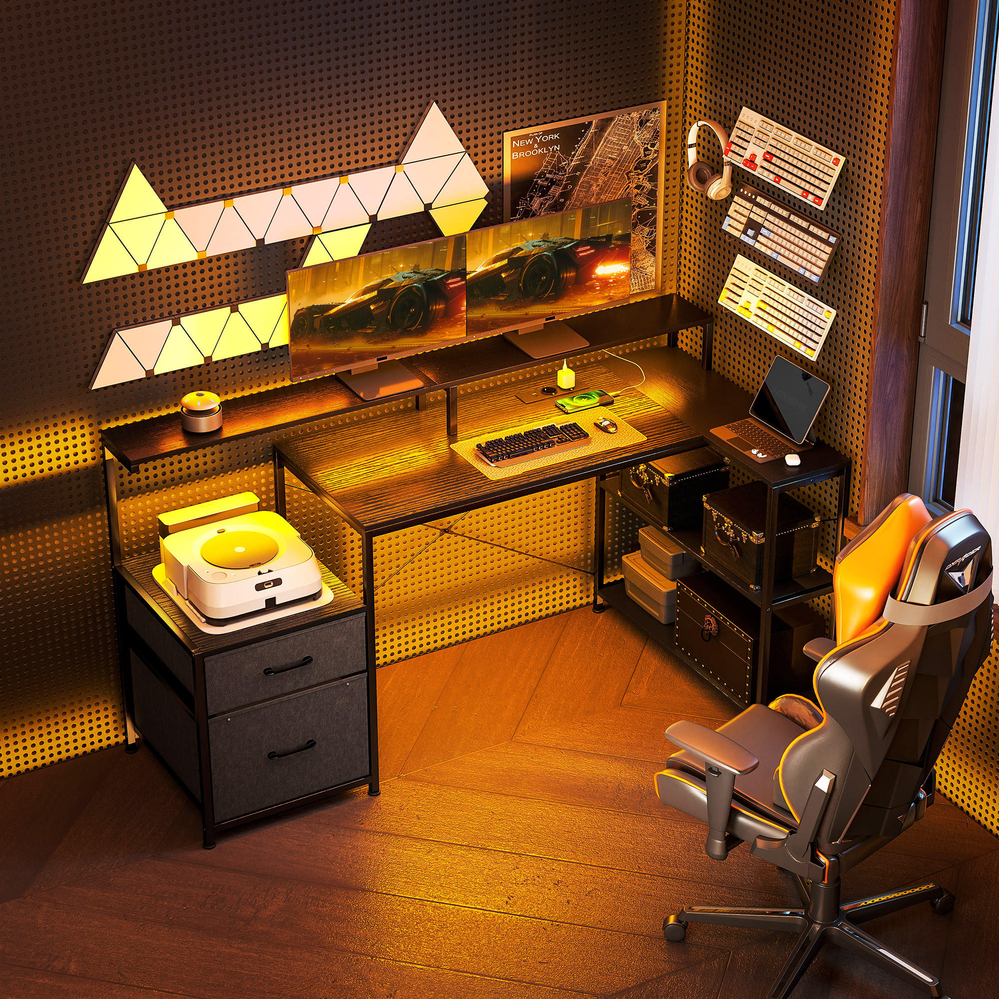 Thumbnail - Homcom Gaming, Schwarz, Textil, 2 Schubladen, L-Form,Rechteckig, eckig, 80x91.5x165 cm, Arbeitszimmer, Schreibtische, Co...