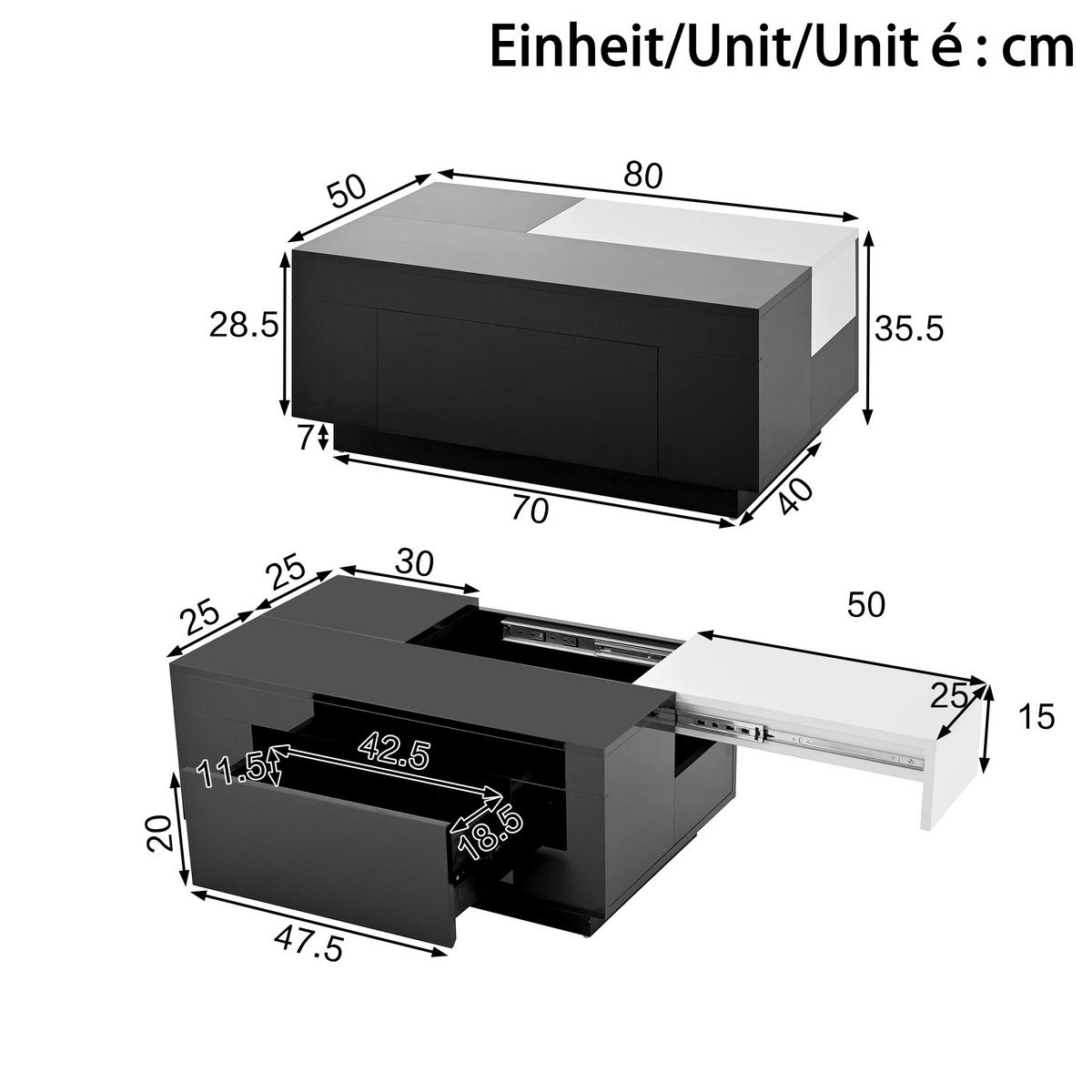 COUCHTISCH Schwarz Weiß mit LED, Auszug und Stauraum - Schwarz, Metall (80/50/35cm)