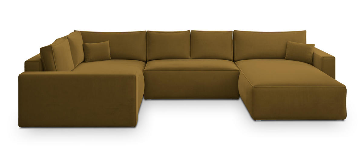 WOHNLANDSCHAFT VELAMI L-S Gelb Velours-Stoff mit Schlaffunktion - Gelb, Holz (365/83/194cm) - MASSENO