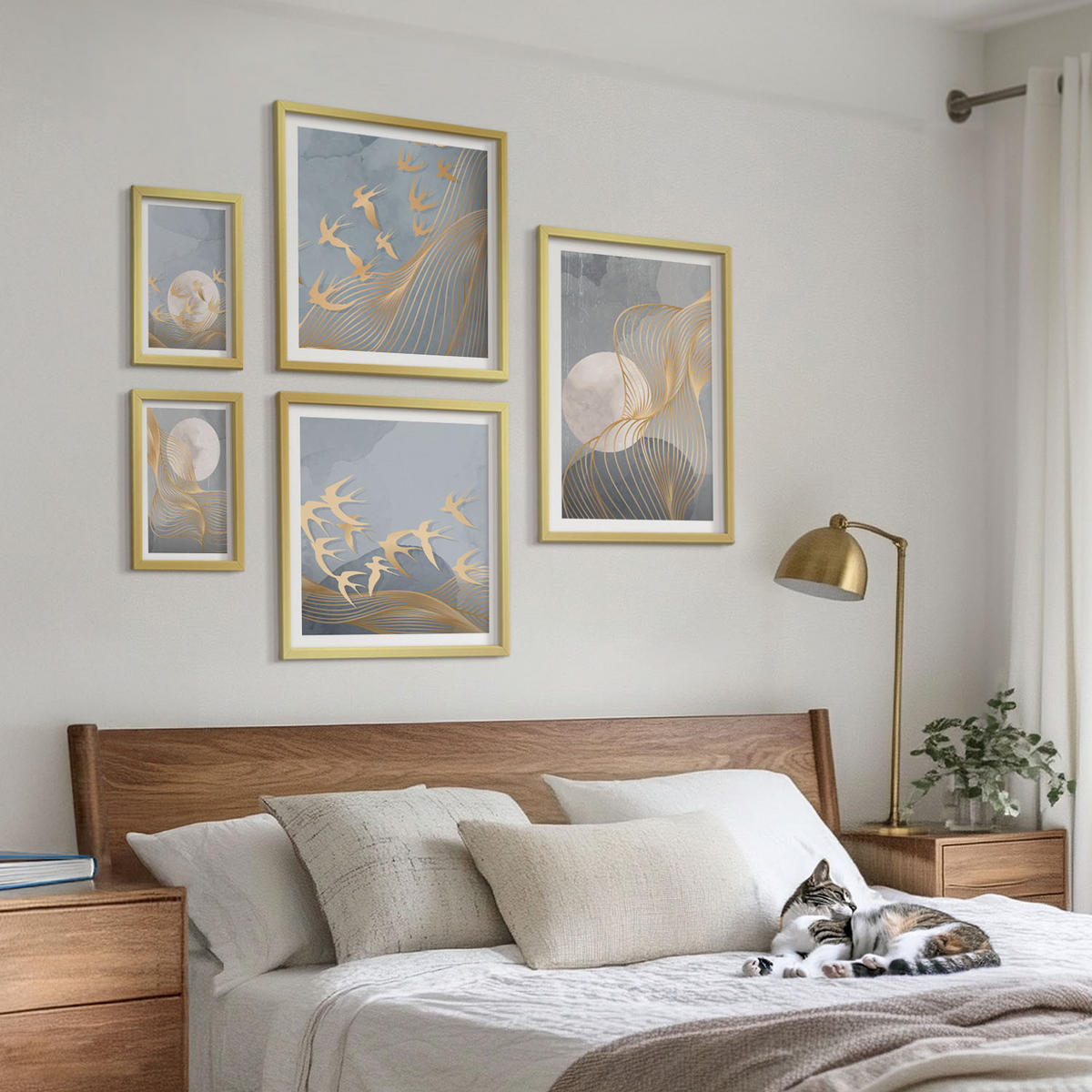 BILDER SET 5er Set - 50x50 cm & 20x30 cm & 40x60 cm Goldrahmen - Abstrakte Wellenkreise, grau - Goldfarben, Kunststoff (40/60cm) - TULUP