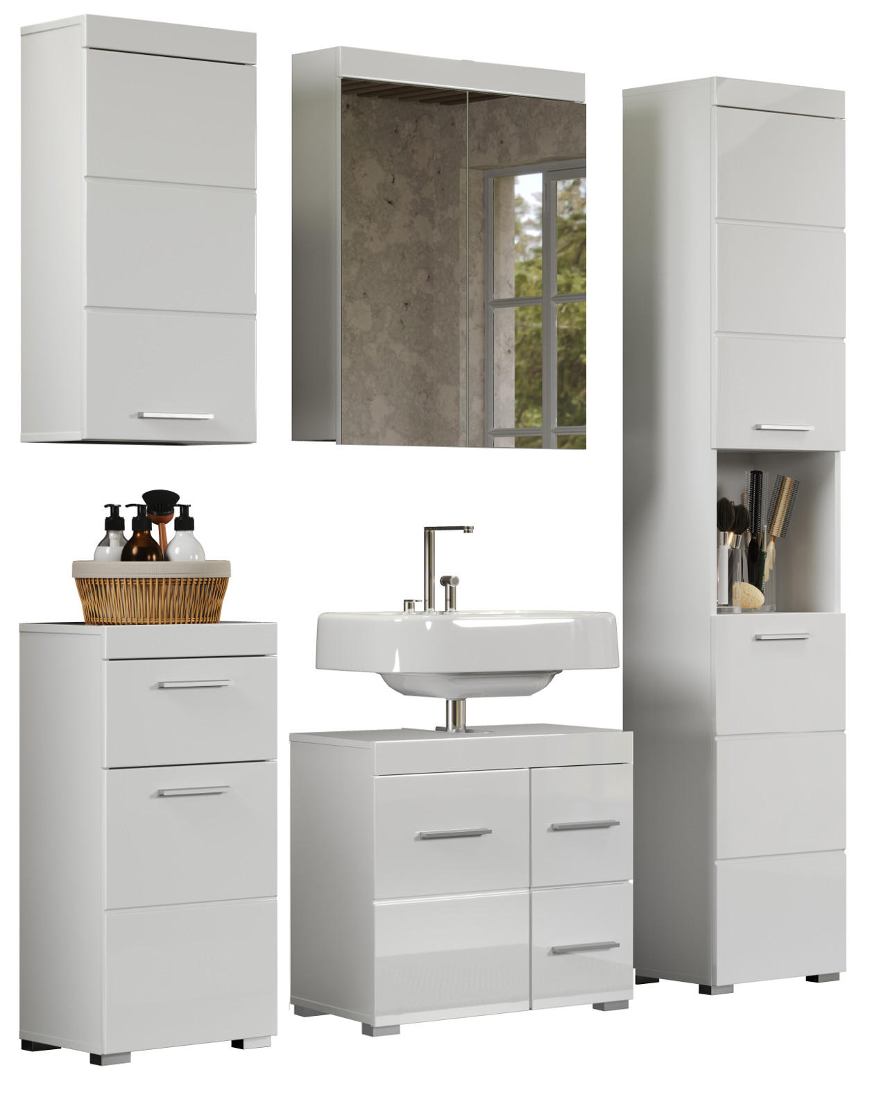 BADMÖBEL-SET weiß Hochglanz 5-teilig 163 x 190 cm, Badezimmer-Schränke mit viel Stauraum - Weiß Hochglanz/Alufarben, Glas/Holzwerkstoff (163/190/34cm) - Top.Furn