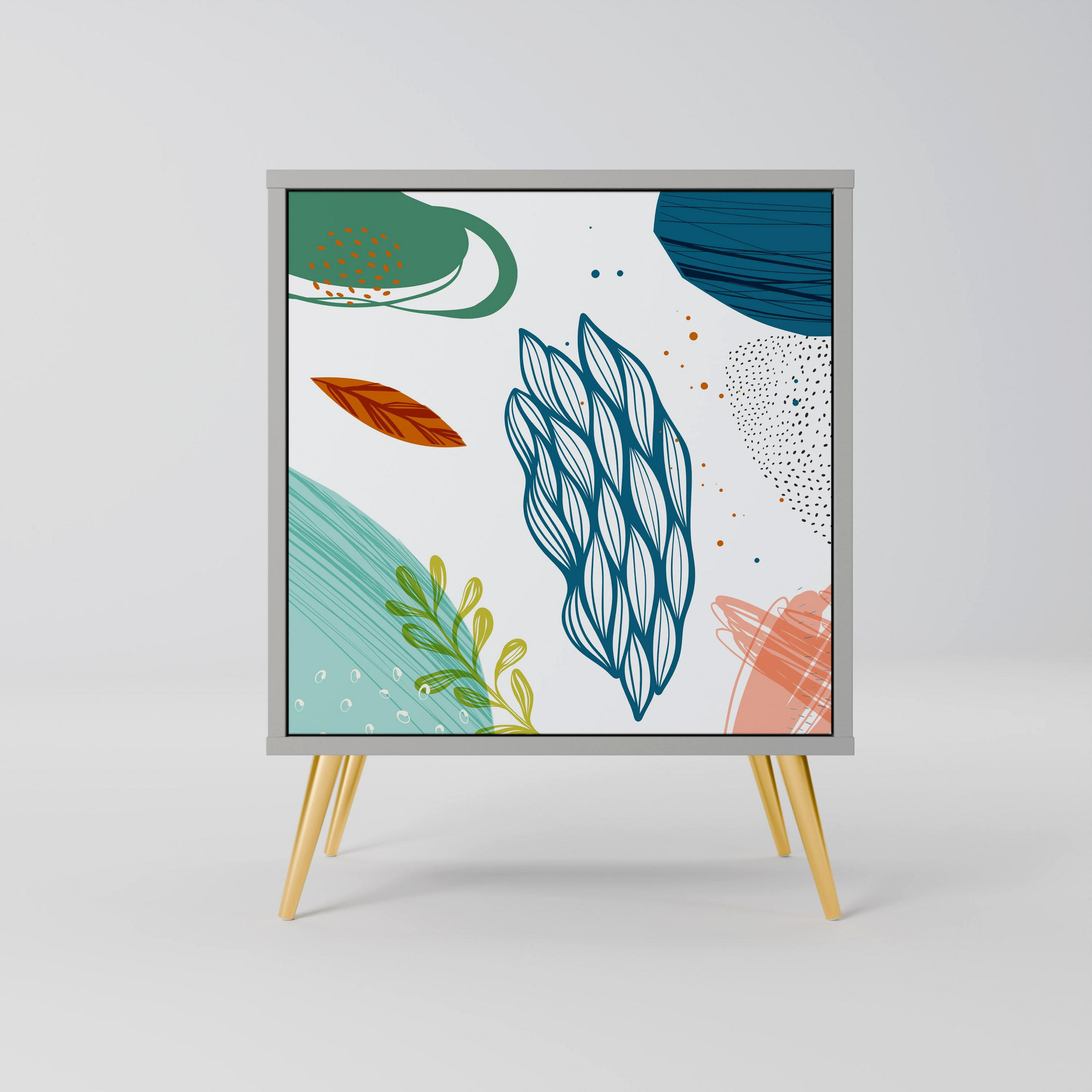 SIDEBOARD BOTANICAL HURRICANE, Grau, 57,5x42x75,5 cm, Goldfarbene Metallfüße - Goldfarben/Multicolor, Holzwerkstoff/Metall (57.5/75.5/42cm) - SpaceRebels