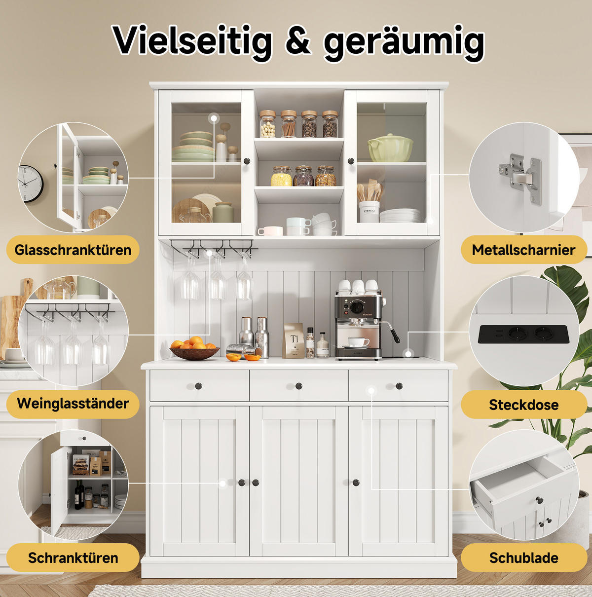 BUFFETSCHRANK aus Spanplatte 120x40x191 cm Weiß mit Glastüren, Gläserhalter und Steckdosen - Weiß, Holzwerkstoff (120/191/40cm) - IVMEU