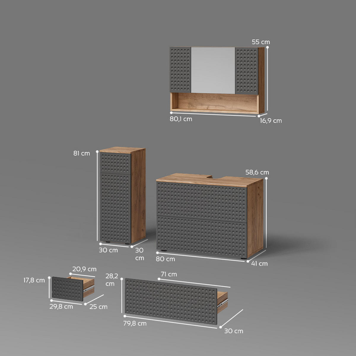 BADMÖBEL-SET Ronco Anthrazit gepunktet 3 Teile, mit Schubladenschrank und Midischrank - Eichefarben/Anthrazit, Holzwerkstoff (80/58/41cm) - Livinity®