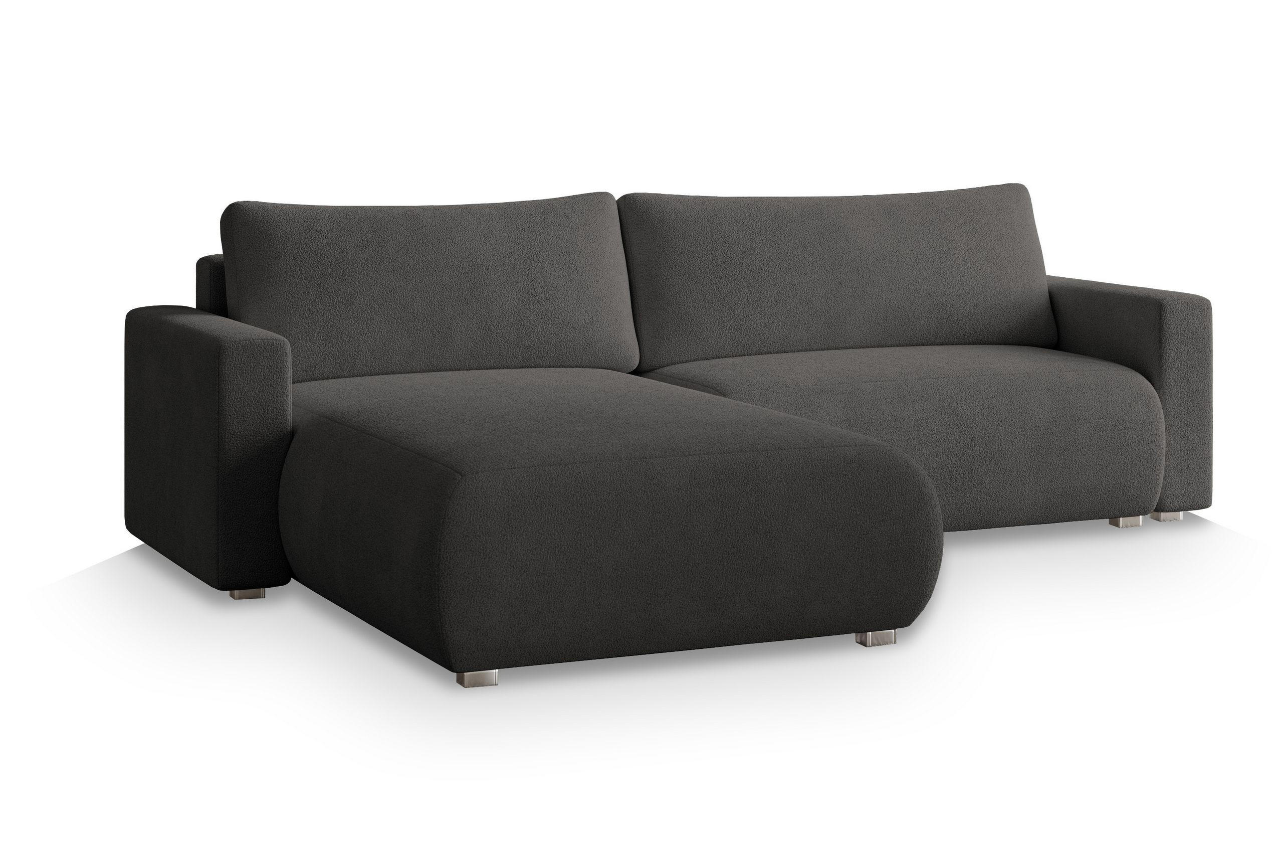 ECKSOFA TURIN N Grau Bucle-Stoff mit Schlaffunktion - Grau, Holz (265/183cm) - MASSENO