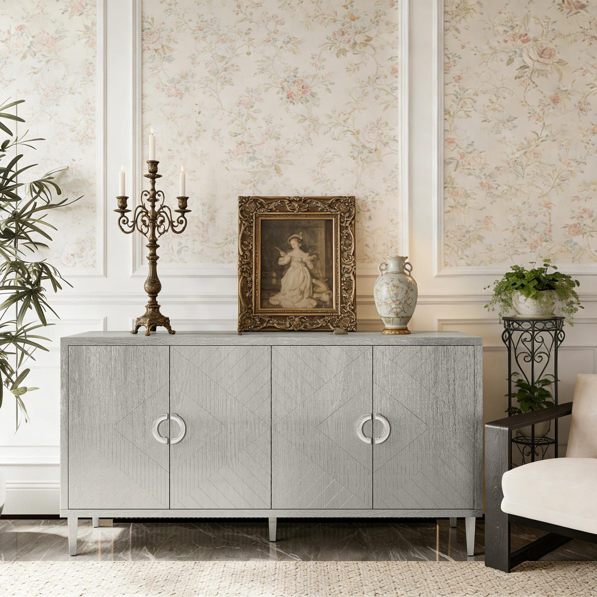 SIDEBOARD Champagner-Optik, 4 Türen mit Innenfächern, Strukturfronten und Ringgriffen, 152/40/82,5 cm - Silberfarben, Holzwerkstoff (152/82.5/40cm) - WISHDOR