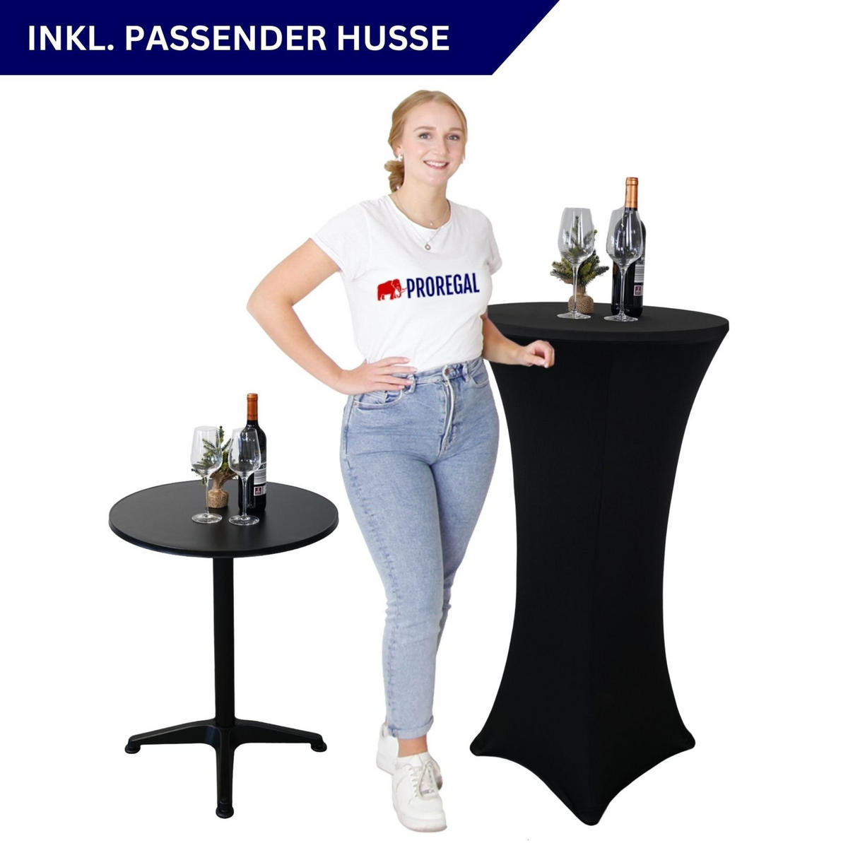STEHTISCH mit Hussen klappbar HxØ 75-115x60cm MDF-Platte mit Edelstahlbeschichtung Schwarz - Schwarz, Metall (115/60/115cm) - CHEFGASTRO