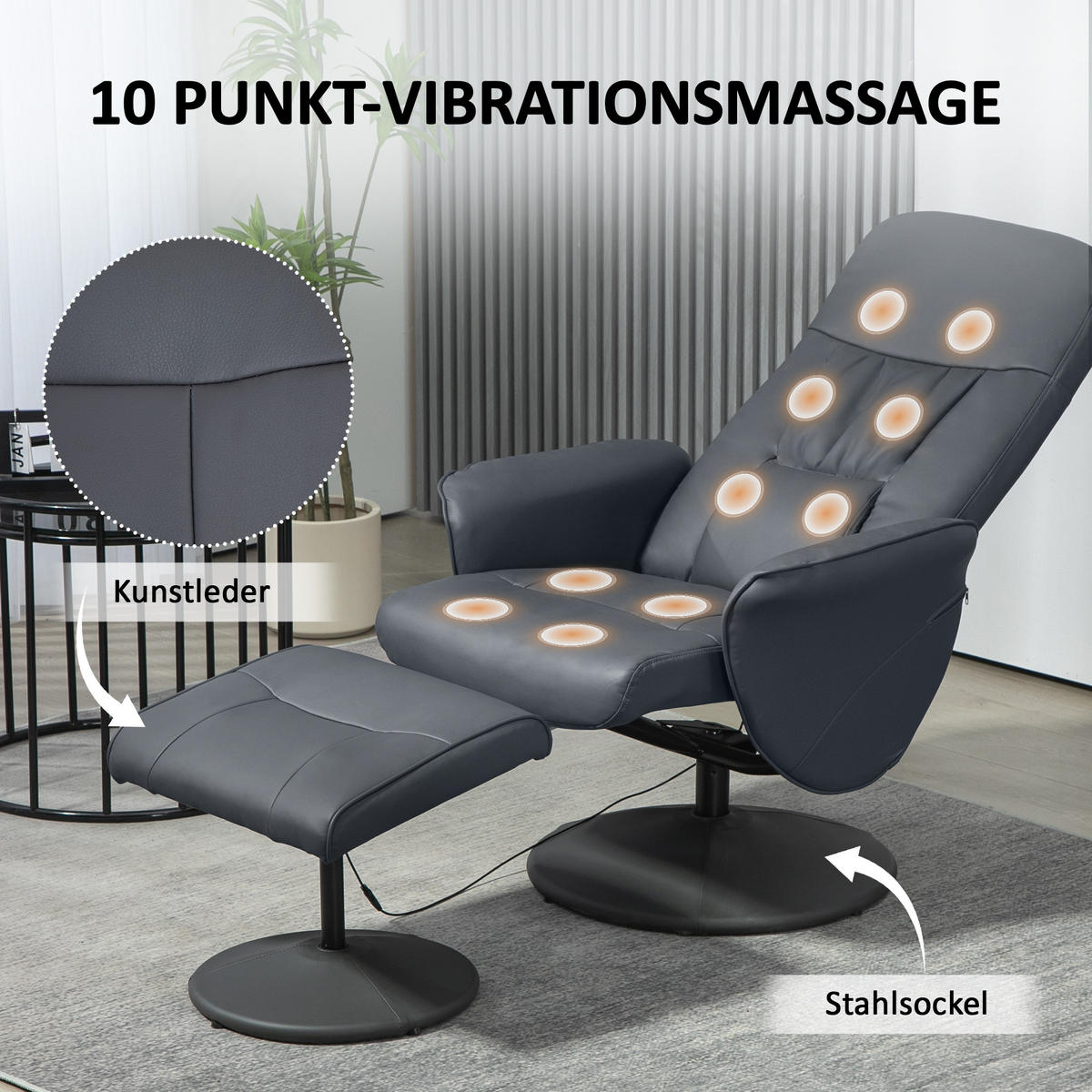 RELAXSESSEL mit Fußhocker, Elektrischer Massagesessel mit Liegefunktion - Dunkelgrau, Metall (81/105/76cm) - HOMCOM