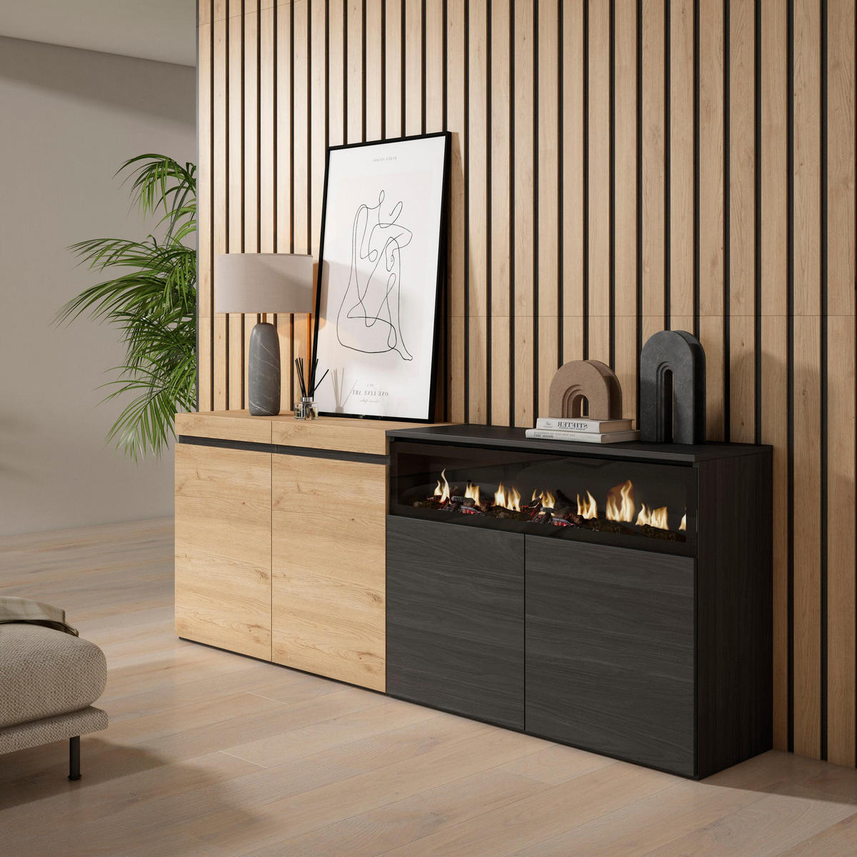 SIDEBOARD Elektrokamin, eiche, schwarz, 200/35/75cm - Multicolor, Holzwerkstoff (200/75/35cm) - Skraut Home